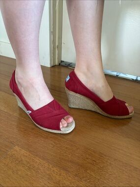 Toms Red Canvas Wedge Heels